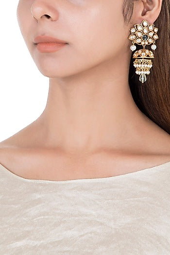 Gold plated faux kundan and green stone earrings