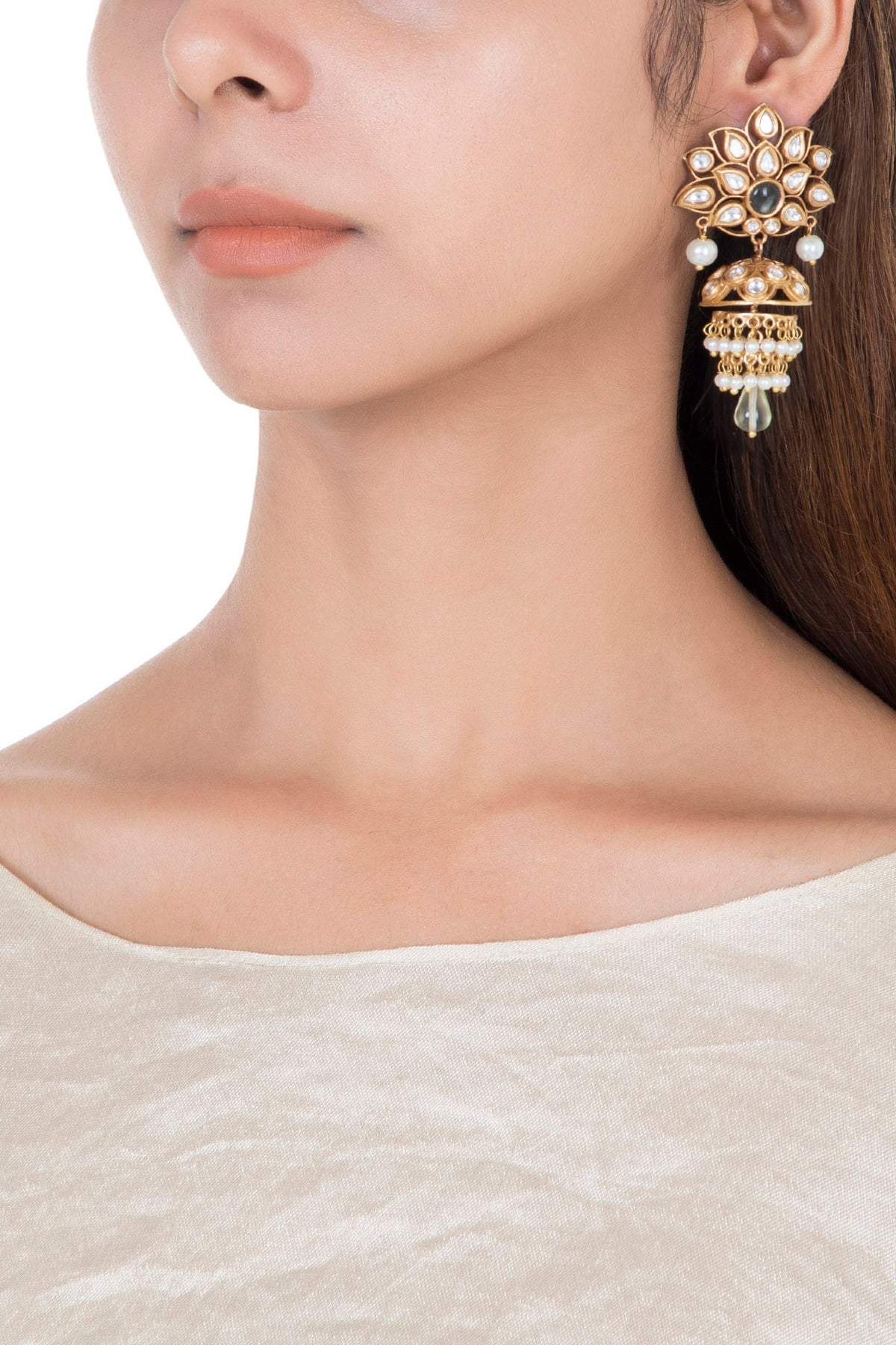 Gold plated faux kundan and green stone earrings