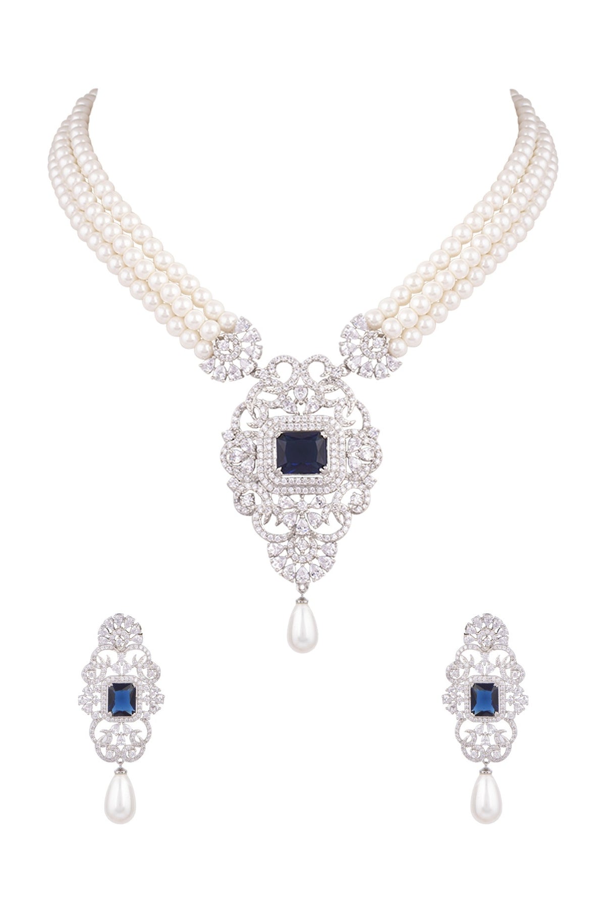White Finish Pearl & Diamond Necklace Set