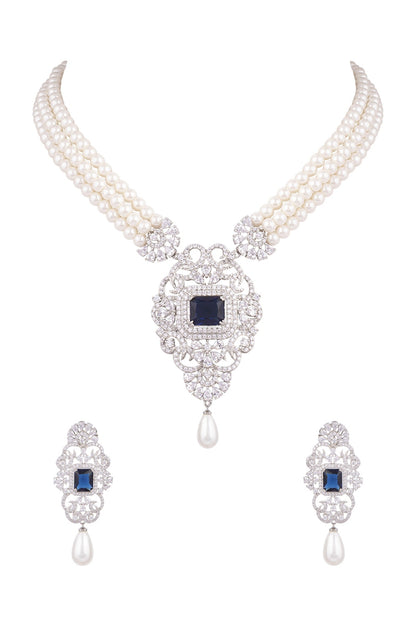 White Finish Pearl & Diamond Necklace Set