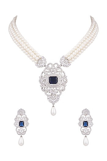 White Finish Pearl & Diamond Necklace Set