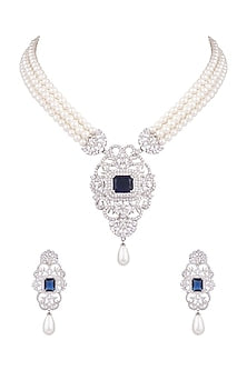 White Finish Pearl & Diamond Necklace Set