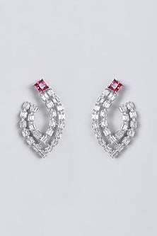 White Finish Red Faux Diamonds Earrings