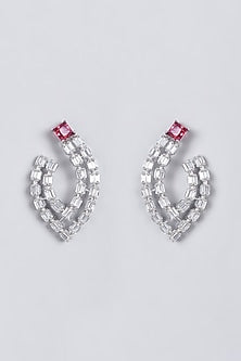 White Finish Red Faux Diamonds Earrings