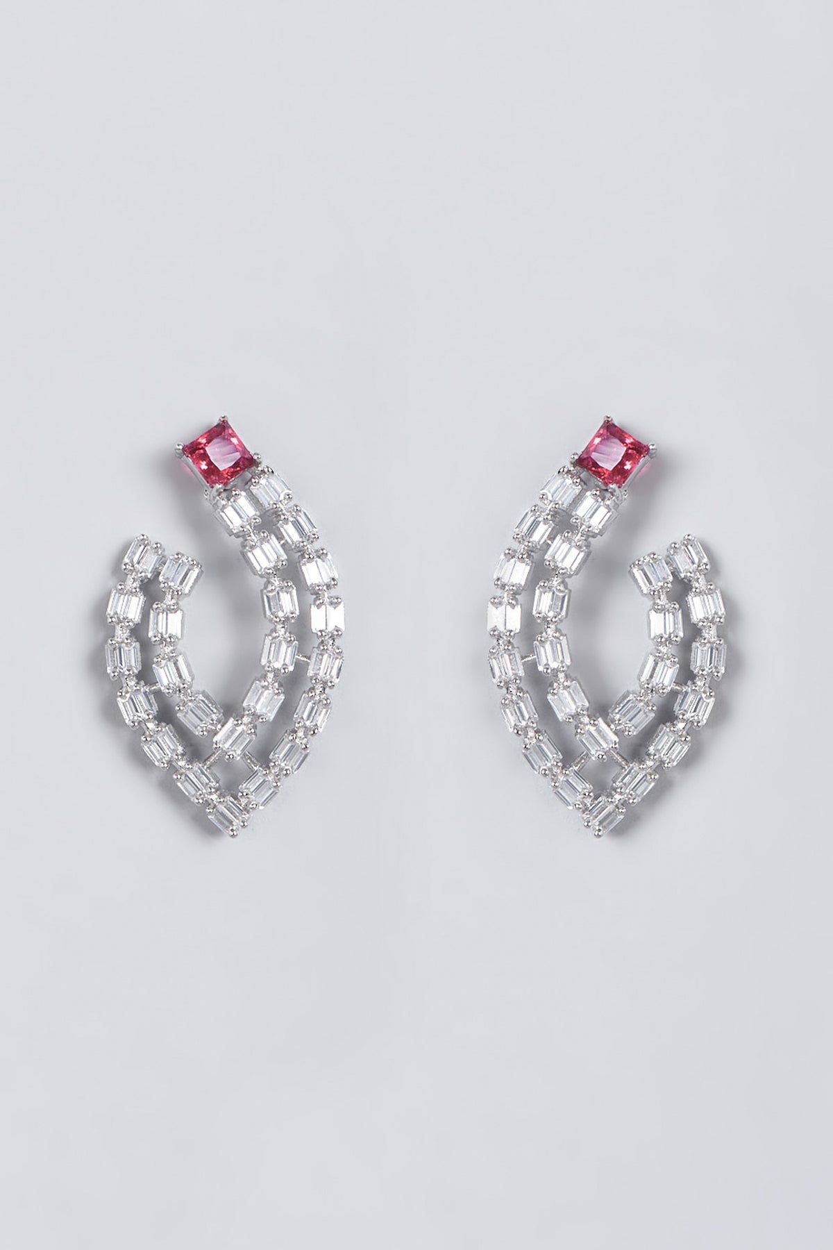 White Finish Red Faux Diamonds Earrings