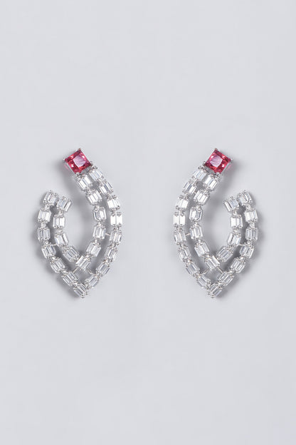 White Finish Red Faux Diamonds Earrings