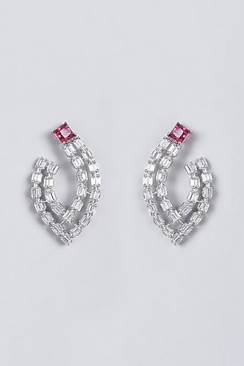 White Finish Red Faux Diamonds Earrings