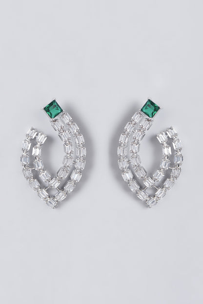 White Finish Green Synthetic Stones & Zircons Earrings