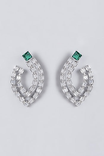 White Finish Green Synthetic Stones & Zircons Earrings