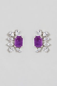 White Finish Zircon  & Purple Stone Stud Earrings