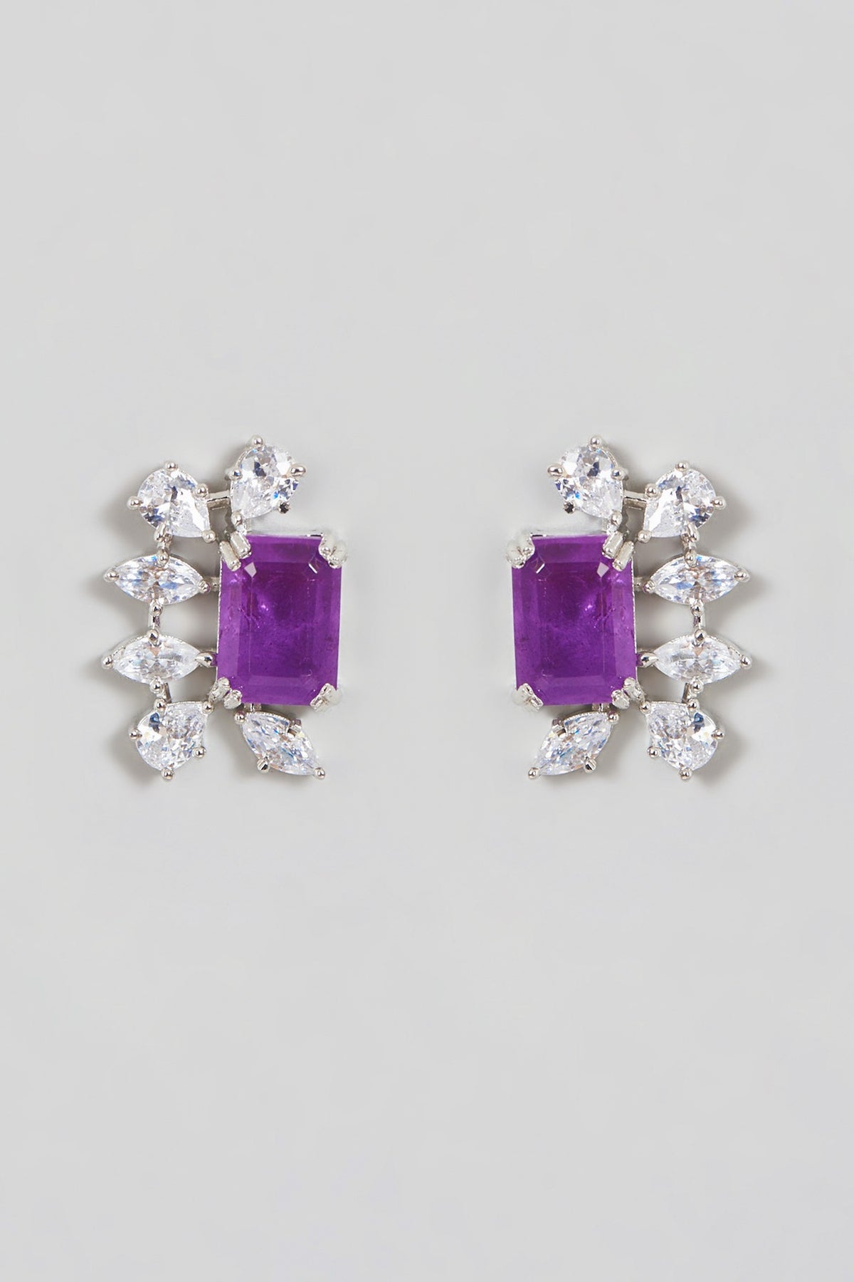 White Finish Zircon  & Purple Stone Stud Earrings