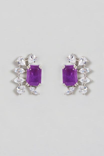 White Finish Zircon  & Purple Stone Stud Earrings