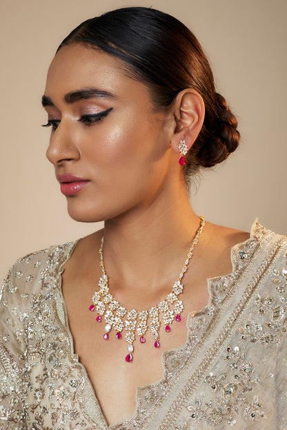Gold Finish Zircon & Red Stone Necklace Set