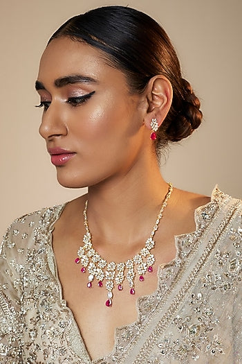 Gold Finish Zircon & Red Stone Necklace Set
