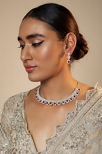 Gold Finish Zircon & Red Stone Necklace Set