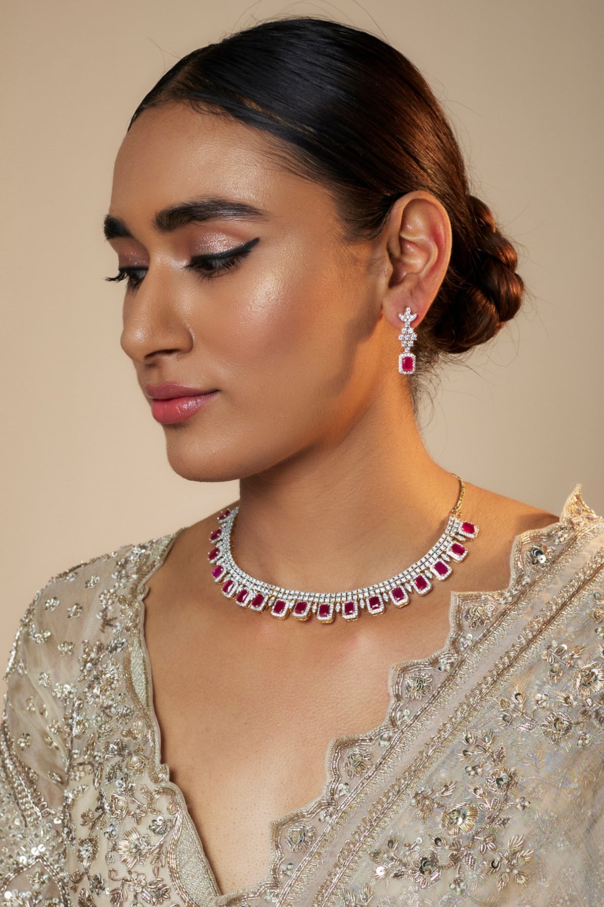 Gold Finish Zircon & Red Stone Necklace Set