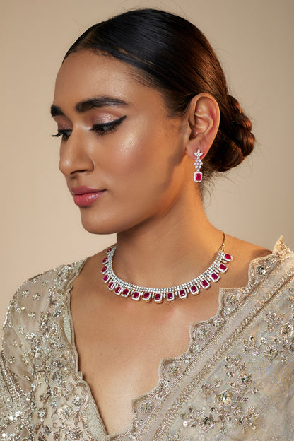Gold Finish Zircon & Red Stone Necklace Set