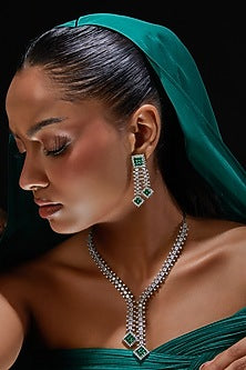 White Finish Zircon & Green Stone Necklace Set