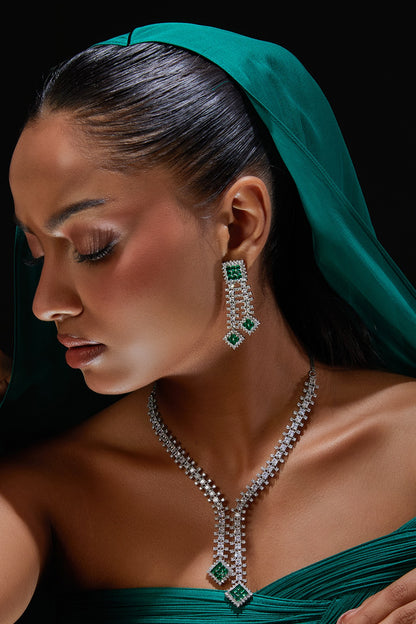 White Finish Zircon & Green Stone Necklace Set