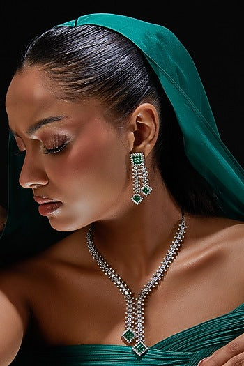 White Finish Zircon & Green Stone Necklace Set