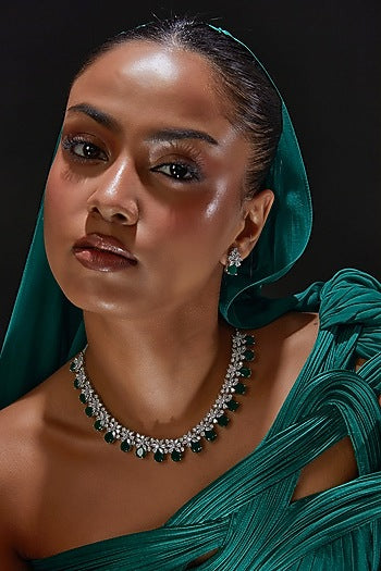 White Finish Zircon & Green Stone Necklace Set
