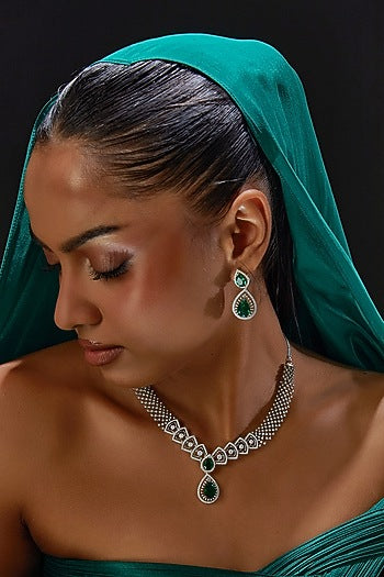 White Finish Zircon & Green Stone Necklace Set