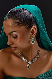 White Finish Zircon & Green Stone Necklace Set