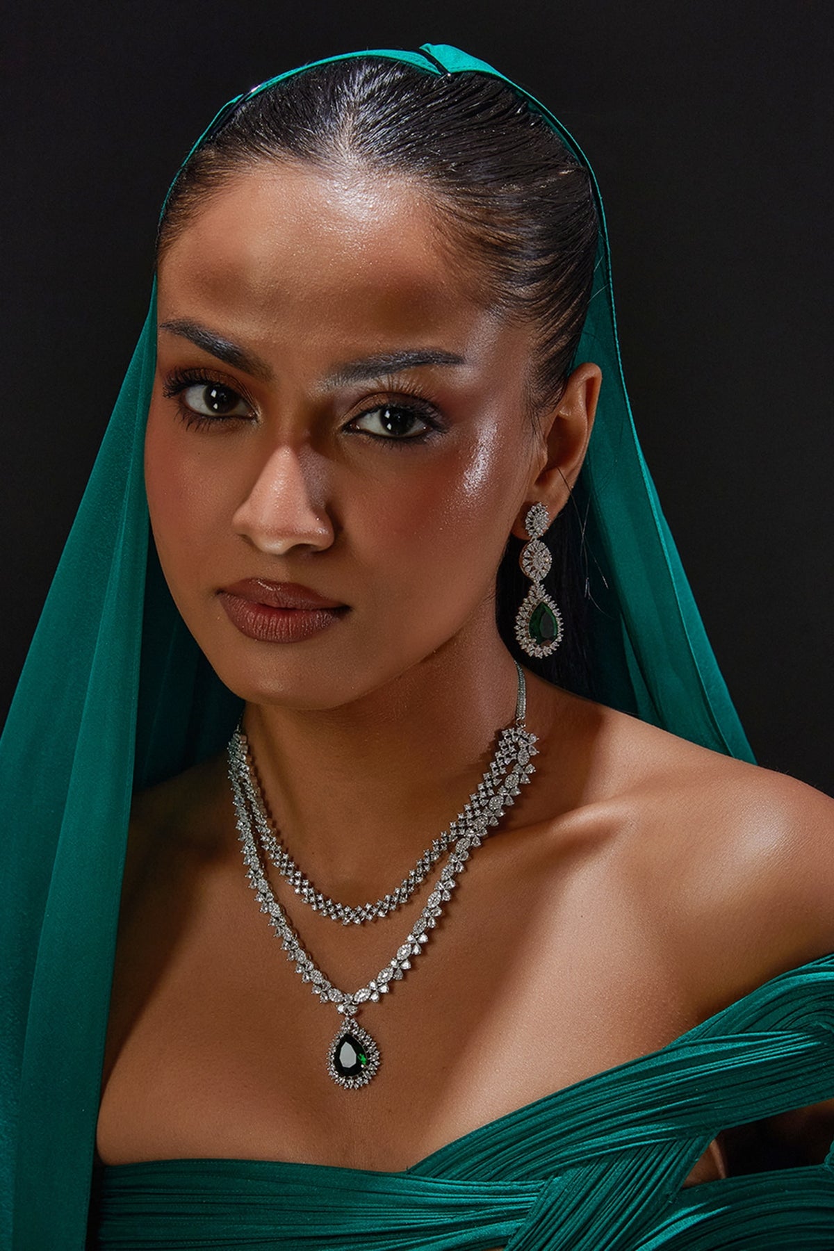 White Finish Zircon & Green Stone Layered Necklace Set