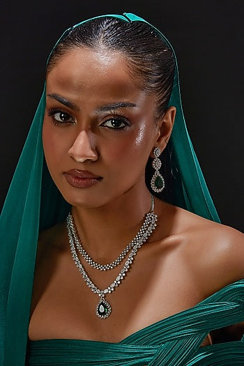 White Finish Zircon & Green Stone Layered Necklace Set
