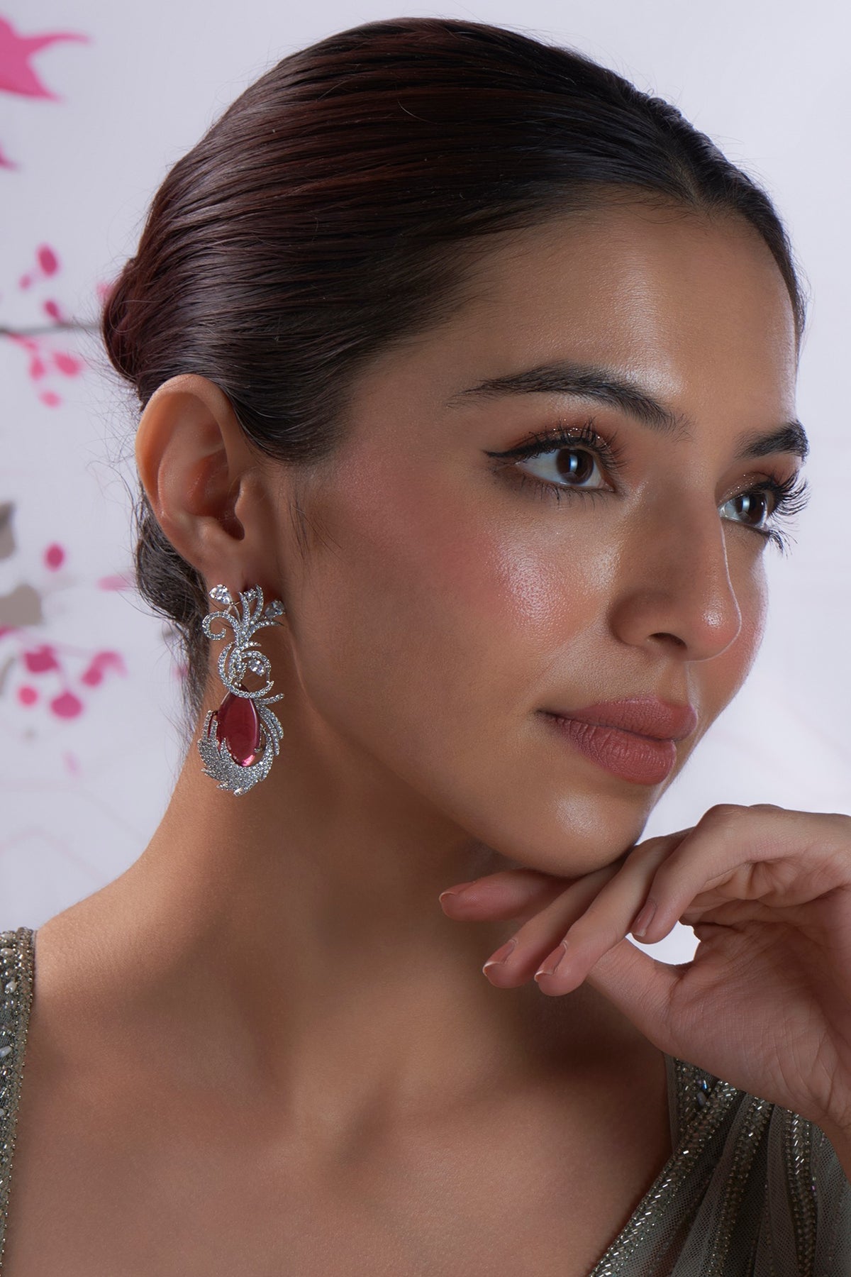 White Finish Zircon & Red Stone Dangler Earrings