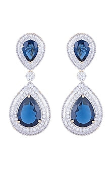 White Rhodium Finish Faux Diamond & Blue Stone Earrings