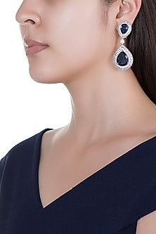 White Rhodium Finish Faux Diamond & Blue Stone Earrings