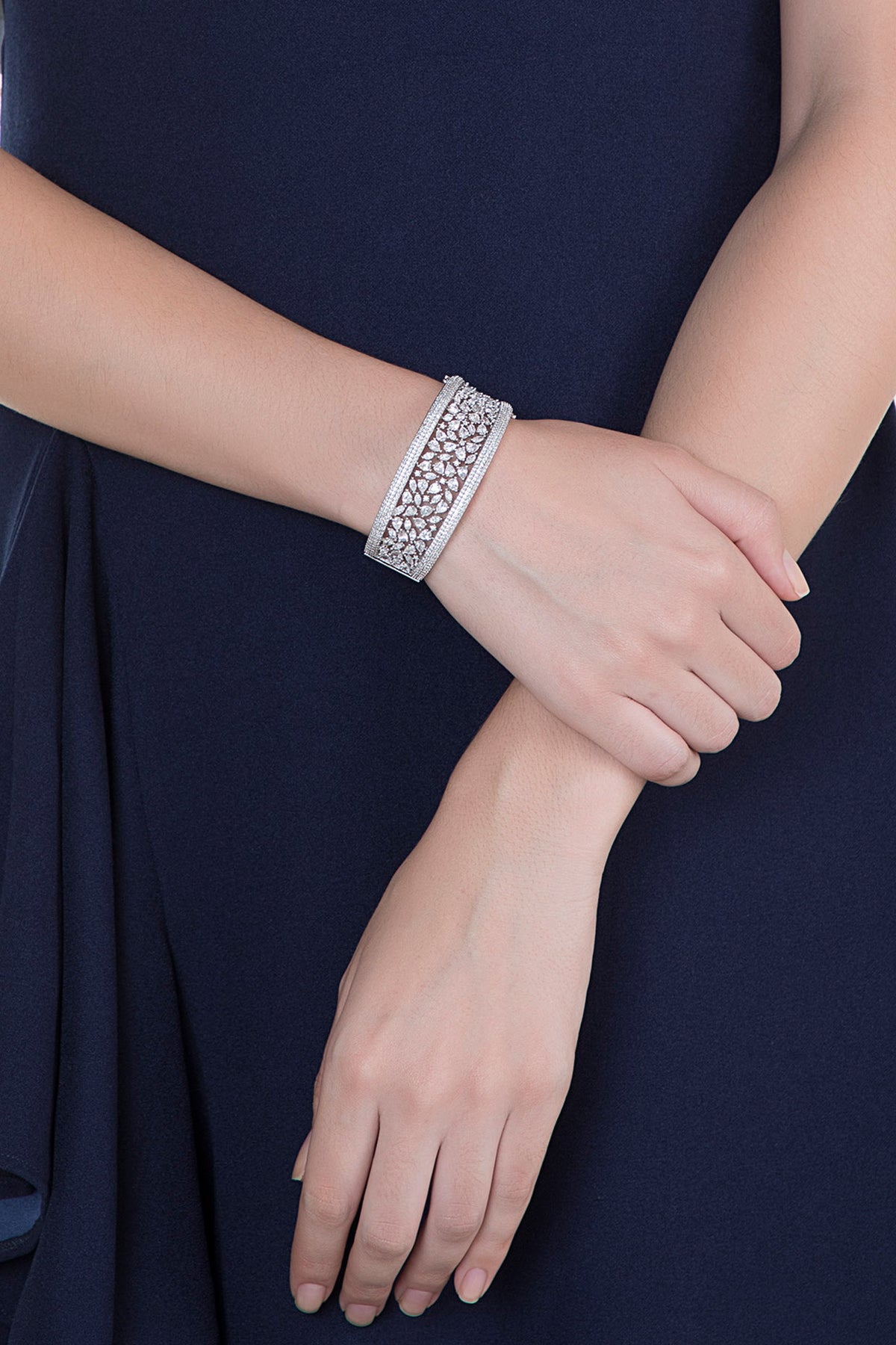 White Rhodium Finish Faux Diamond Openable Kada Bracelet