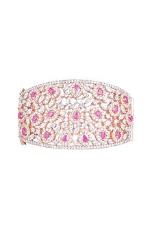 Rose Gold Finish Faux Diamond & Red Stone Openable Kada Bracelet