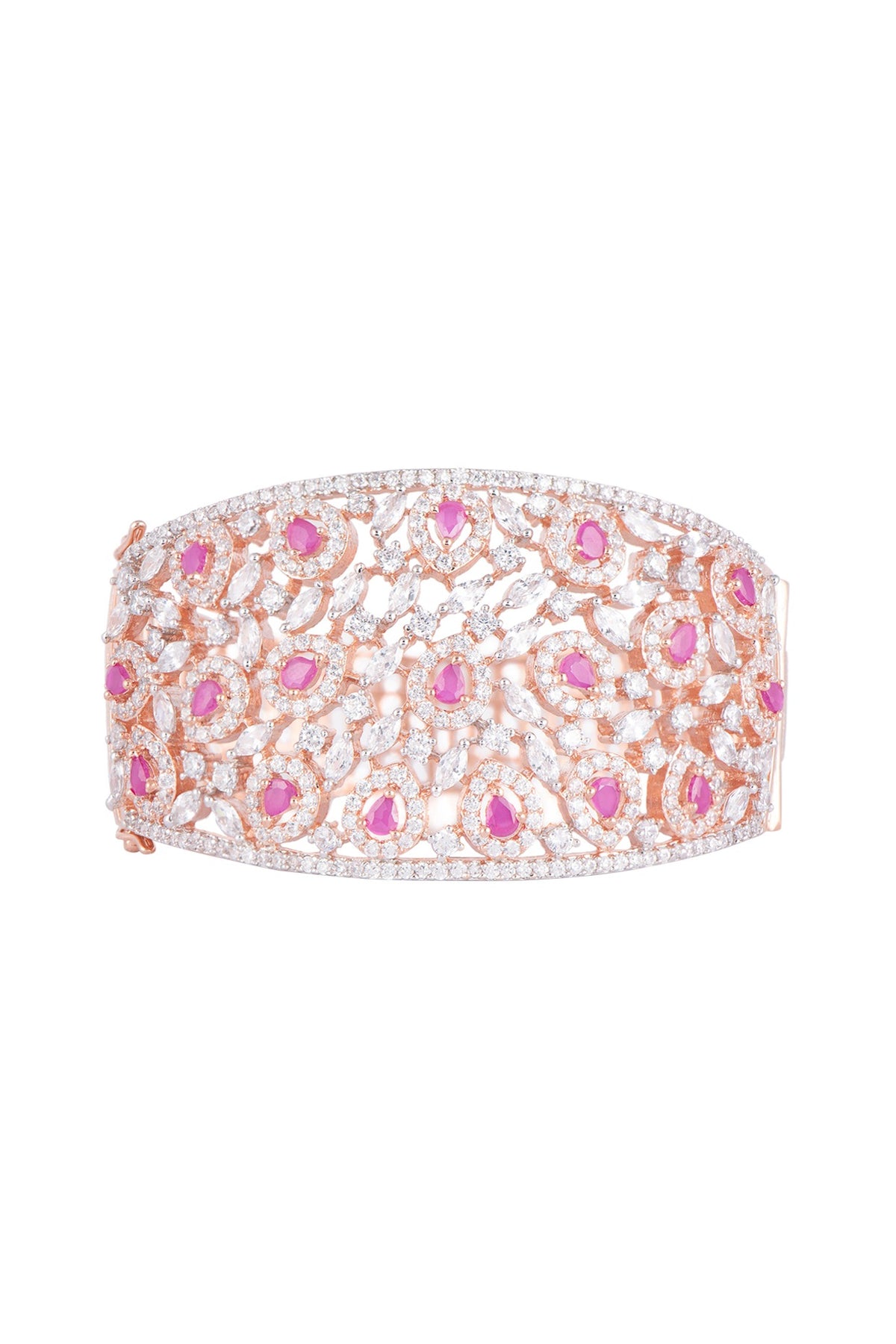 Rose Gold Finish Faux Diamond & Red Stone Openable Kada Bracelet