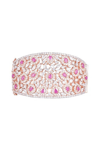 Rose Gold Finish Faux Diamond & Red Stone Openable Kada Bracelet
