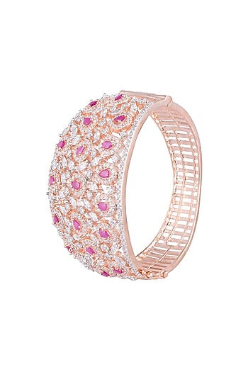 Rose Gold Finish Faux Diamond & Red Stone Openable Kada Bracelet