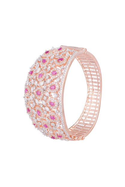 Rose Gold Finish Faux Diamond & Red Stone Openable Kada Bracelet