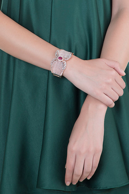 Rose Gold Finish Diamond & Red Stone Openable Kada Bracelet