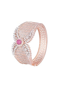 Rose Gold Finish Diamond & Red Stone Openable Kada Bracelet