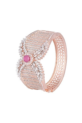 Rose Gold Finish Diamond & Red Stone Openable Kada Bracelet