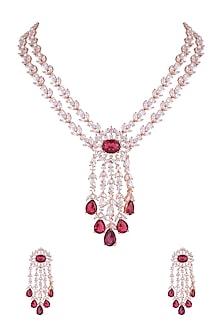 Rose Gold Finish Faux Diamond & Red Stone Necklace Set