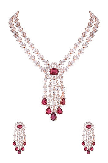 Rose Gold Finish Faux Diamond & Red Stone Necklace Set