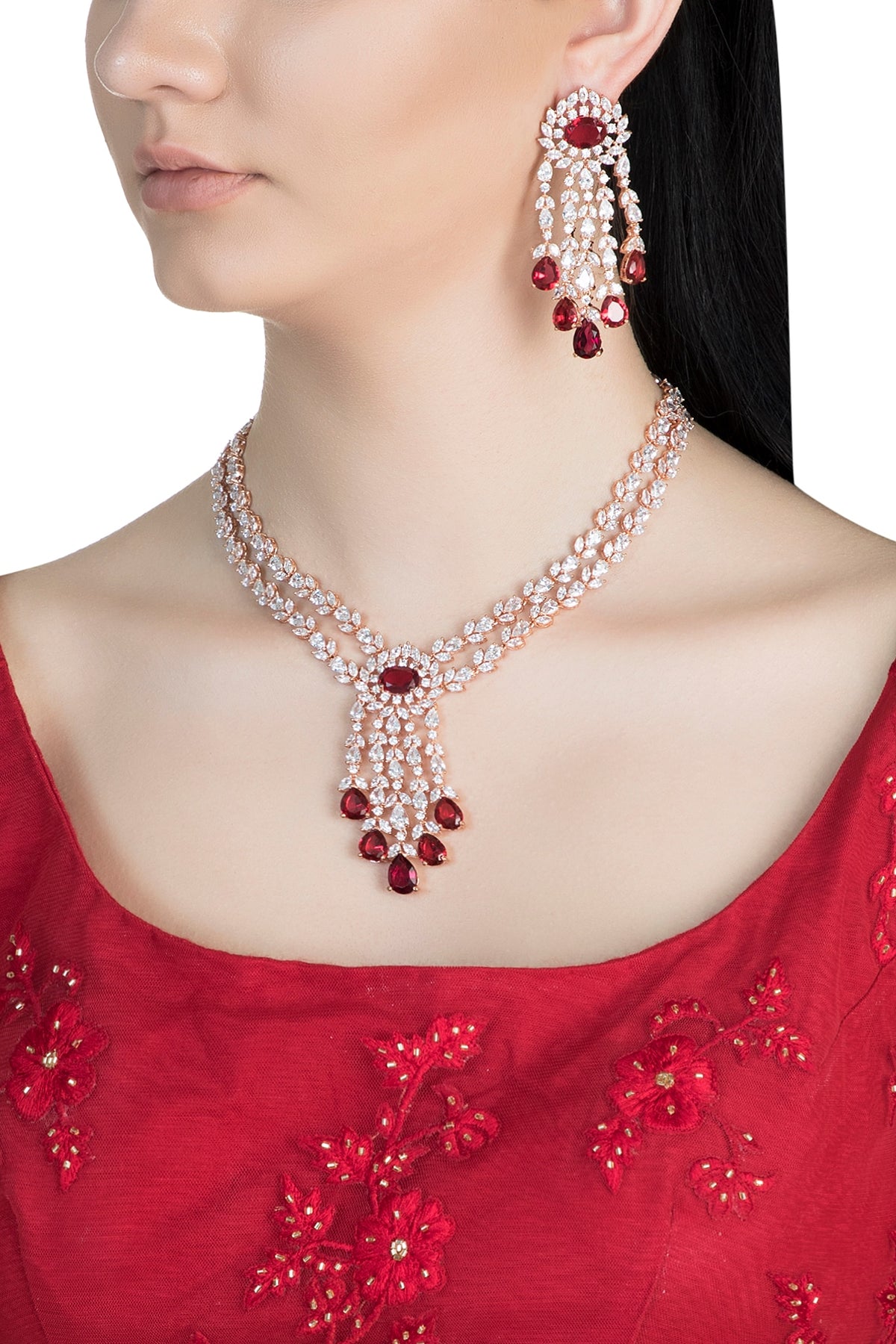 Rose Gold Finish Faux Diamond & Red Stone Necklace Set