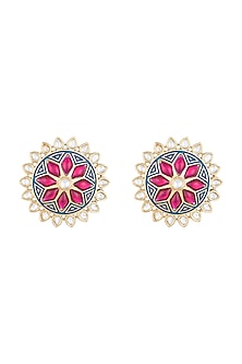 Yellow Rhodium Plated Blue Enamelled Kundan Stud Earrings