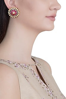 Yellow Rhodium Plated Blue Enamelled Kundan Stud Earrings