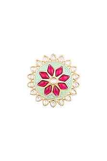 Yellow Rhodium Plated Turquoise Green Enamelled Kundan Ring