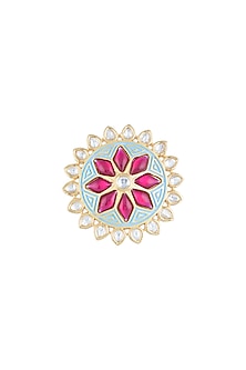 Yellow Rhodium Plated Turquoise Blue Enamelled Kundan Ring