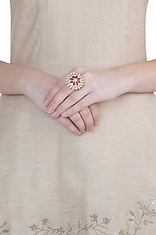 Yellow Rhodium Plated Turquoise Blue Enamelled Kundan Ring