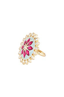 Yellow Rhodium Plated Turquoise Blue Enamelled Kundan Ring